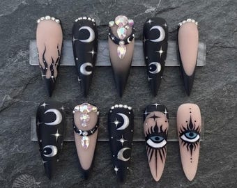 Handmade Celestial Gothic Press On Nails | Moon, Stars, Evil Eye, Rhinestone Art | Stiletto Nails for Mystic Witchy Vibes