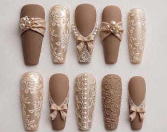 Luxury Bridal Press On Nails, Nude Brown Lace Nails, 3D Pearl Bow Floral Nail Art, Elegant Wedding False Nails, Handmade Nails