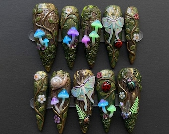 Enchanted Forest Press On Nails Fairy Mushroom Nature Art Design