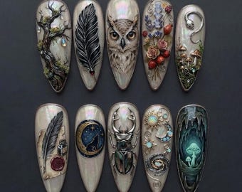 Dark Academia Press On Nails, Gothic Forest Nail Art, Owl Mushroom Nails, Celestial Nature Nails, Handmade Fantasy Almond Nails
