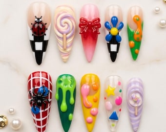 Kleurrijke 3D-persnagels, Candy Swirl-nagels, popart-nagelset, Y2K schattige nagels, handgemaakte acrylpers op nagels