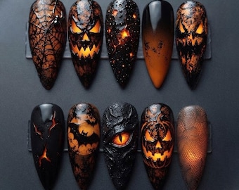 Halloween Press On Nails, Pumpkin Spider Web Nails, Black Orange Gothic Nails, Spooky Handmade Fake Nails, Horror Nail Art