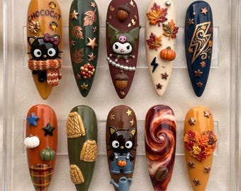 Fall Press On Nails, Cute Black Cat Character Nails, Autumn Pumpkin & Plaid Nail Art, Cozy 3D Harvest False Nails