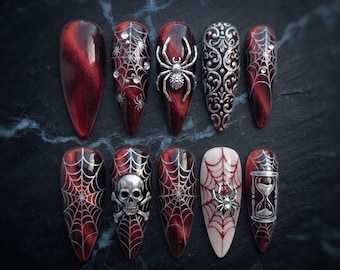Red Gothic Halloween Press On Nails, Spider Web Nails, Dark Horror Nails, Skull Spider Nail Art, Handmade Acrylic Fake Nails