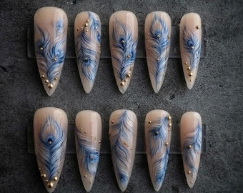 Blue Feather Press On Nails, Peacock Feather Nails, Nude Blue Handmade Fake Nails, Elegant Gold Accent Nail Art, Boho Nails