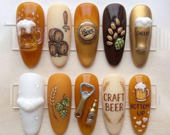Beer Press On Nails, Craft Beer Nail Art, Beer Lover Nails, 3D Beer Mug Nails, Pub Party Handmade Acrylic Nails