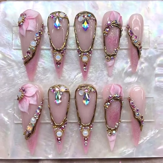 Pink Luxury Press On Nails, Crystal Rhinestone Nails, Bling Glam Nails, 3D Flower Nails, Stiletto Bridal Nail Set