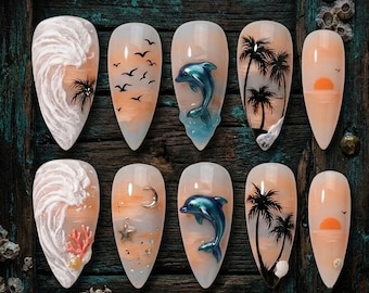 Strand Zonsondergang Druknagels Oceaangolfnagels 3D Dolfijnnagels Tropische zomernagels Handgemaakt