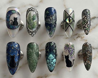 Handmade Gothic Forest Press On Nails | Cat, Mushroom, Fern & Moon Art | Nails for Dark Nature Lovers
