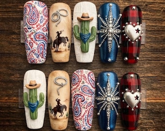 Western Cowboy Press On Nails, Cowgirl Nail Set, Cactus Rodeo Nails, Paisley Plaid Heart Nails, Country Western Fake Nails
