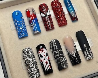 Gothic Press On Nails, Red Blue Black Nails, Silver Rhinestone Nail Art, Dark Academia Nails, Edgy Long False Nails