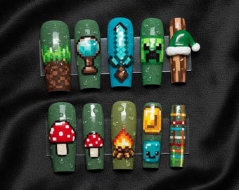 Handmade Pixel Art Press On Nails with Swords, Mushrooms and Forest Theme