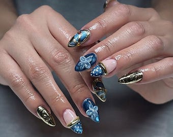 Handmade Navy Blue Press On Nails | 3D Flowers, Gold Chrome & Polka Dot Art | Nails for Elegant Style