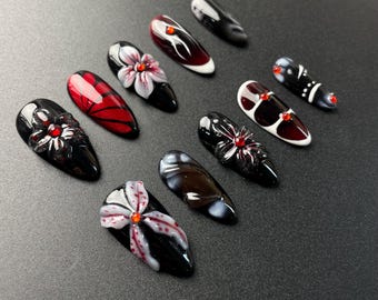 Handmade Gothic Floral Press On Nails | Red Black Glam Nail Set