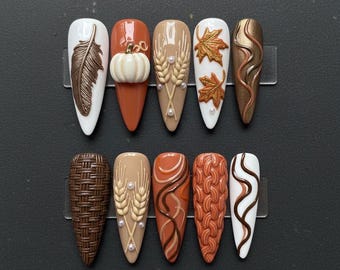 Handmade Autumn Pumpkin Press On Nails | Wheat, Maple Leaves & Knitted Texture | Long Nails For Cozy Harvest Vibes