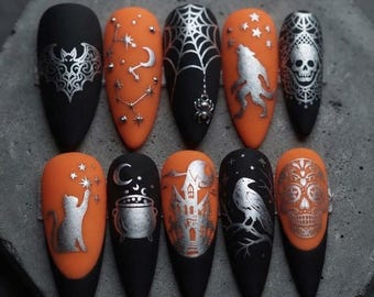 Halloween Press On Nails, Black Orange Gothic Nails, Spooky Bat Spider Web Witch Nails, Halloween Party Fake Nails