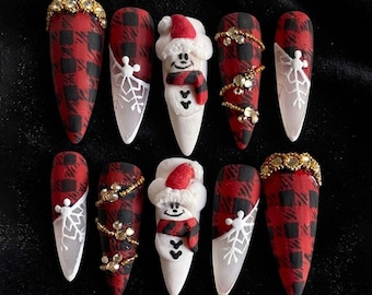 Christmas Press On Nails, Santa Claus Nails, Red Black Plaid Nails, Snowflake Nail Art, Cute Holiday 3D Handmade False Nails
