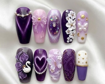 Purple Fairycore Press On Nails, 3D Flower Butterfly Nails, Galaxy Cat Eye Nails, Dreamy Lavender Nail Set