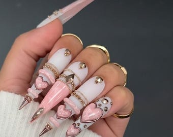 Roze coquette pers op nagels, 3D-hart stilettonagels, kawaii glamour pers op set, luxe handgemaakte nail art