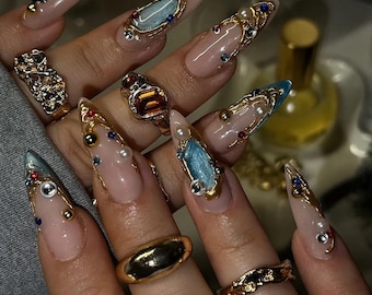 Glamorous Pink & Gold Press On Nails, Gemstone Nail Art, Elegant 3D Design