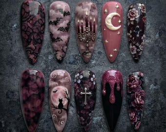 Gothic Halloween Press On Nails, Dark Floral Nails, Bat Moon Nails, Gothic Coffin Nails, Witchy False Nails, Spooky Nail Art