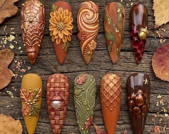 Herfstbos pers op nagels, 3D herfstbladeren nagels, eikelnagelkunst, gezellige oogst handgemaakte kunstnagels