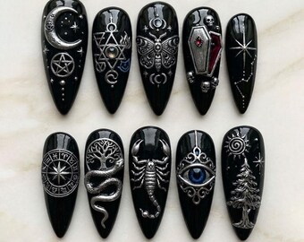 Black Gothic Press On Nails, Occult Witchy Nails, Celestial Moon Star Nail Art, Snake Scorpion Coffin Nails, Handmade Acrylic
