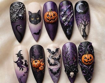Handmade Gothic Halloween Press On Nails | Witch, Black Cat, Pumpkin, Bat Art | Stiletto Nails for Spooky Dark Vibes