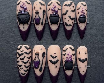 Halloween Press On Nails, Purple Witchy Nails, Bat & Cauldron Nail Art, Gothic Spooky False Nails, Stiletto Handmade Nails