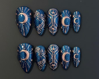 Handmade Celestial Moon Star Press On Nails | Blue Galaxy Nail Art