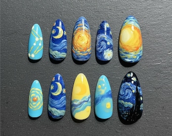 Starry Night Press On Nails, Van Gogh Nail Art, Blue & Yellow Design