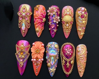 Luxury Mermaid Press On Nails with Gold Charms & Rhinestones | 3D Ocean Fantasy Nails