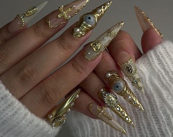 Luxury Gold Cross Press On Nails Pearl Crystal Gothic Nail Art Set