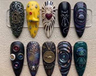 Gothic Halloween Press On Nails, Dark Horror Nail Art, Black Cat, Eye, Spider Web, Anatomical Heart & Creepy Cute False Nails