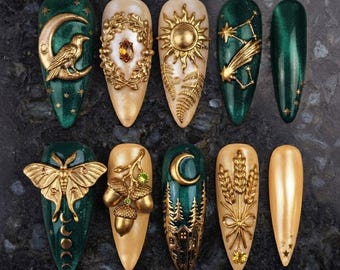 Emerald Green Press On Nails, Celestial Gold Nails, Moon Star Nail Art, Dark Green Nails, Botanical 3D Nails, Handmade Fake Nails