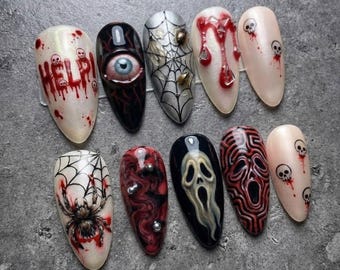 Horror Halloween Press On Nails, Bloody Eye & Skull Nail Art, Spider Web Nails, Ghost Face Inspired Gothic False Nails