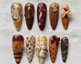 Fall Autumn Press On Nails, Pumpkin Nails, Autumn Leaf Nails, Squirrel Nails, Cozy Brown Nails, Thanksgiving False Nails, Cute Nail Art