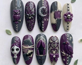 Handmade Gothic Press On Nails | Purple Owl, Raven, Moon, Stitched Art | Almond Nails for Dark Coquette Vibes
