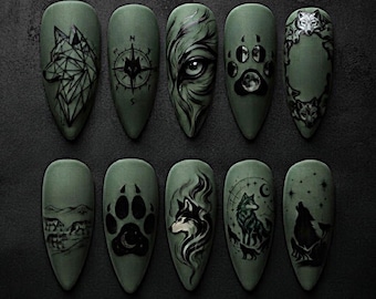 Dark Forest Press On Nails, Wolf Nail Art, Sage Green Nails, Gothic Nature Nails, Woodland Nails, Mystic Nails, Handmade