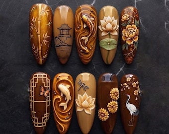 Asian Inspired Press On Nails, Japanese Art Nail Set, Koi Fish & Lotus Nails, Gold Botanical False Nails, Elegant Long Nails