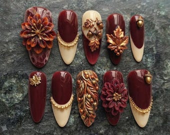 Burgundy Fall Press On Nails, Autumn Leaf Nails, Acorn Nail Art, Dark Red Nails, Harvest Nails, Handmade Fake Nails