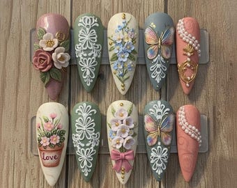 Handmade Vintage Garden Press On Nails | 3D Flowers, Butterflies & Lace Art