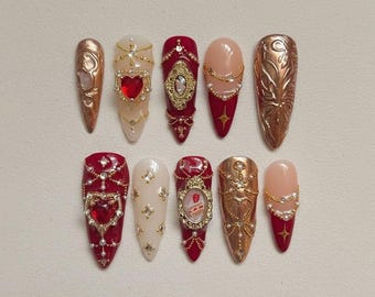 Red Gold Press On Nails, Royal Baroque Nail Set, Sacred Heart Pearl 3D Nails, Luxury Handmade Long Nails