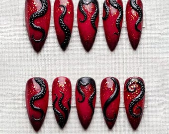 Aangepaste kleur octopus tentakel pers op nagels | Gotische oceaannagels | Dark Fantasy 3D-nagelset | Alt Nails