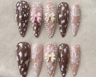 Brown Coquette Press On Nails, Chocolate Lace Nails, 3D Pearl Bow Nail Art, Vintage Floral False Nails, Romantic Handmade Nails