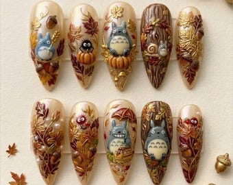 Forest Spirit geïnspireerde pers op nagels, herfst bosnagelset, 3D herfstnagelkunst handgemaakte nagels