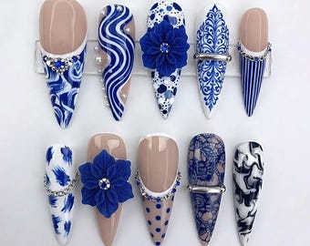 Handmade Blue Porcelain Press On Nails | Cobalt Floral, Lace, Pearl Accents | Long Almond Nails for Elegant Vintage Style