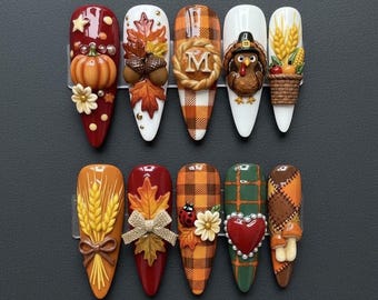 Handmade Autumn Harvest Press On Nails | Leaves, Pumpkin & Turkey 3D Art | Long Nails For Cozy Fall Vibes