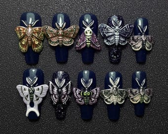 Gothic Moth & Butterfly Press On Nails – 3D Dark Floral Nail Art with Butterflies