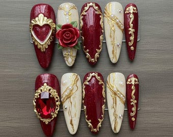 Handmade Royal Baroque Press On Nails | Red Rose, Gold Frames & Pearls | Long Nails For Luxury Vintage Vibes